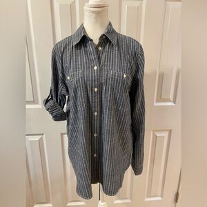LRL Lauren Jeans Co Blue/White Stripe Button Down Roll Tab Cotton Tab Shirt Sz L